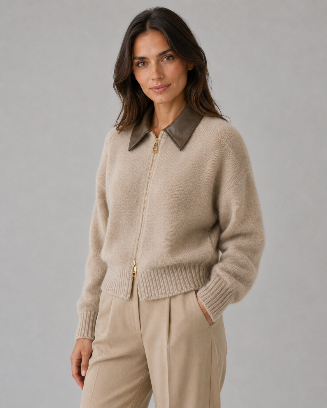 Women’s Knit Zip Cardigan with Leather Collar