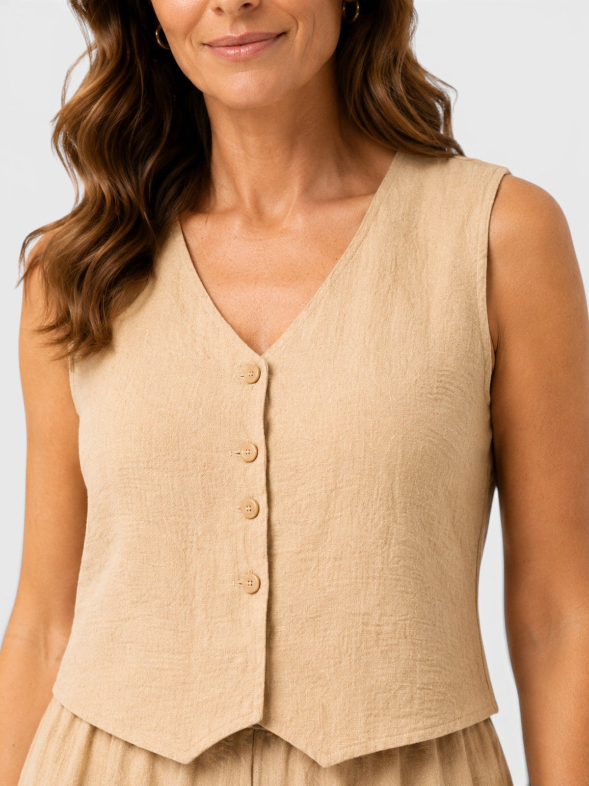 Button Front Vest and Wide Leg Pants Linen Look Two Piece Set