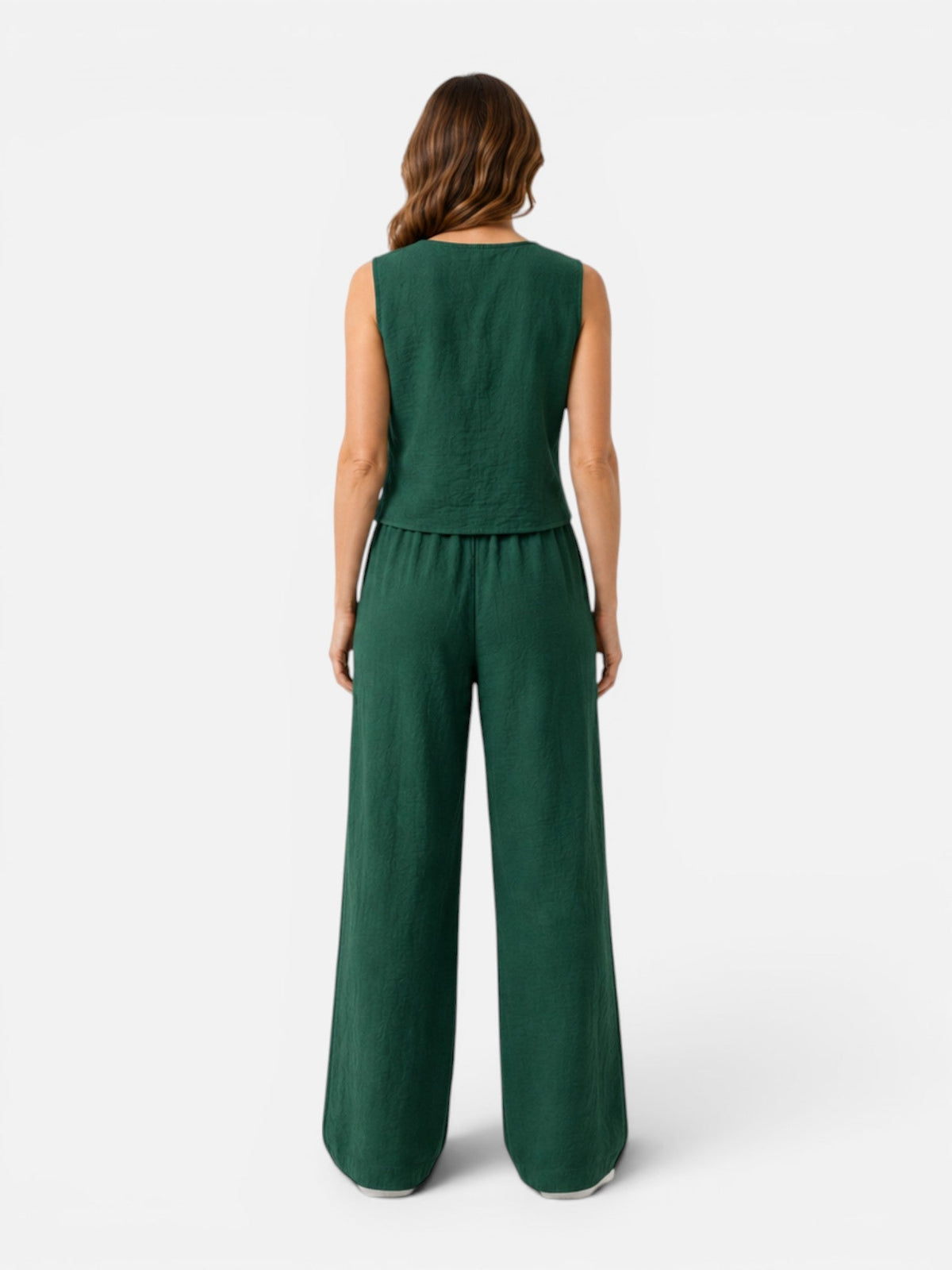 Button Front Vest and Wide Leg Pants Linen Look Two Piece Set