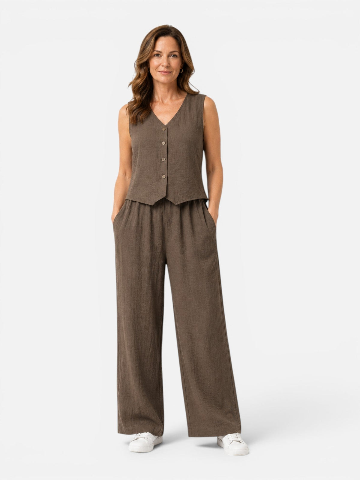 Button Front Vest and Wide Leg Pants Linen Look Two Piece Set