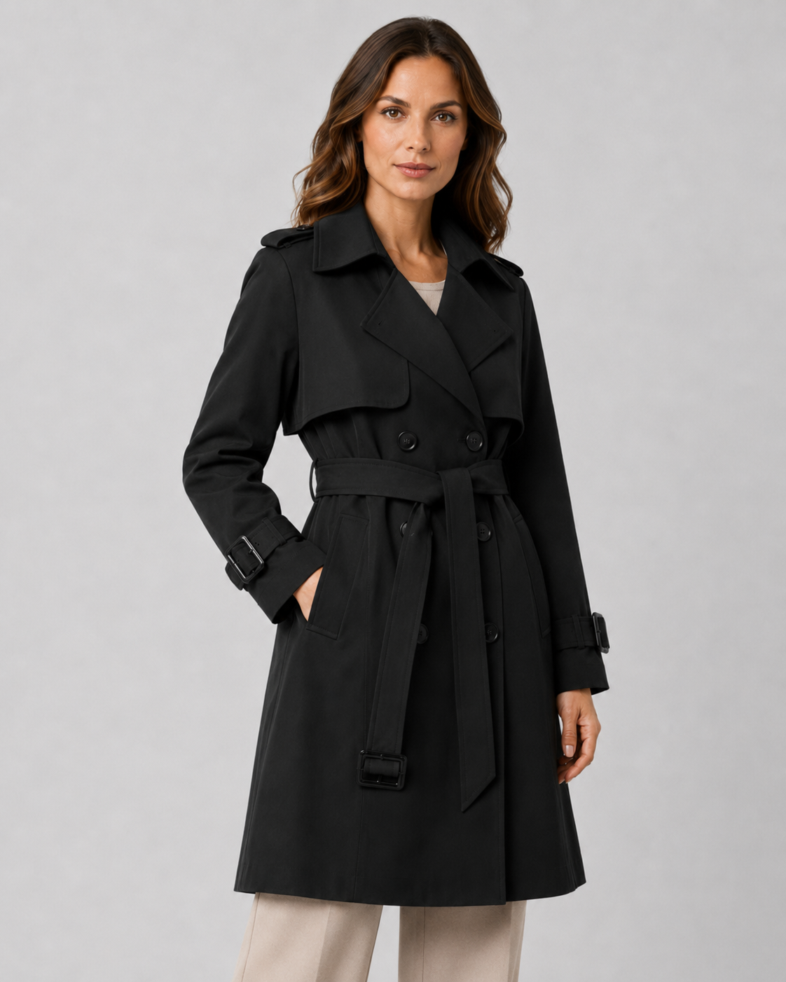 Women’s Long Belted Trench Coat – Double Breasted Style