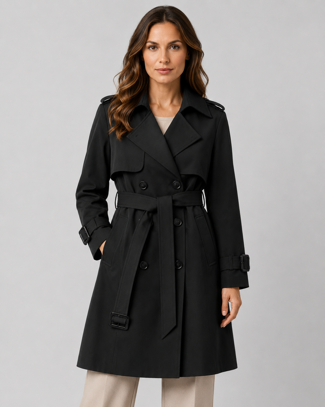 Women’s Long Belted Trench Coat – Double Breasted Style