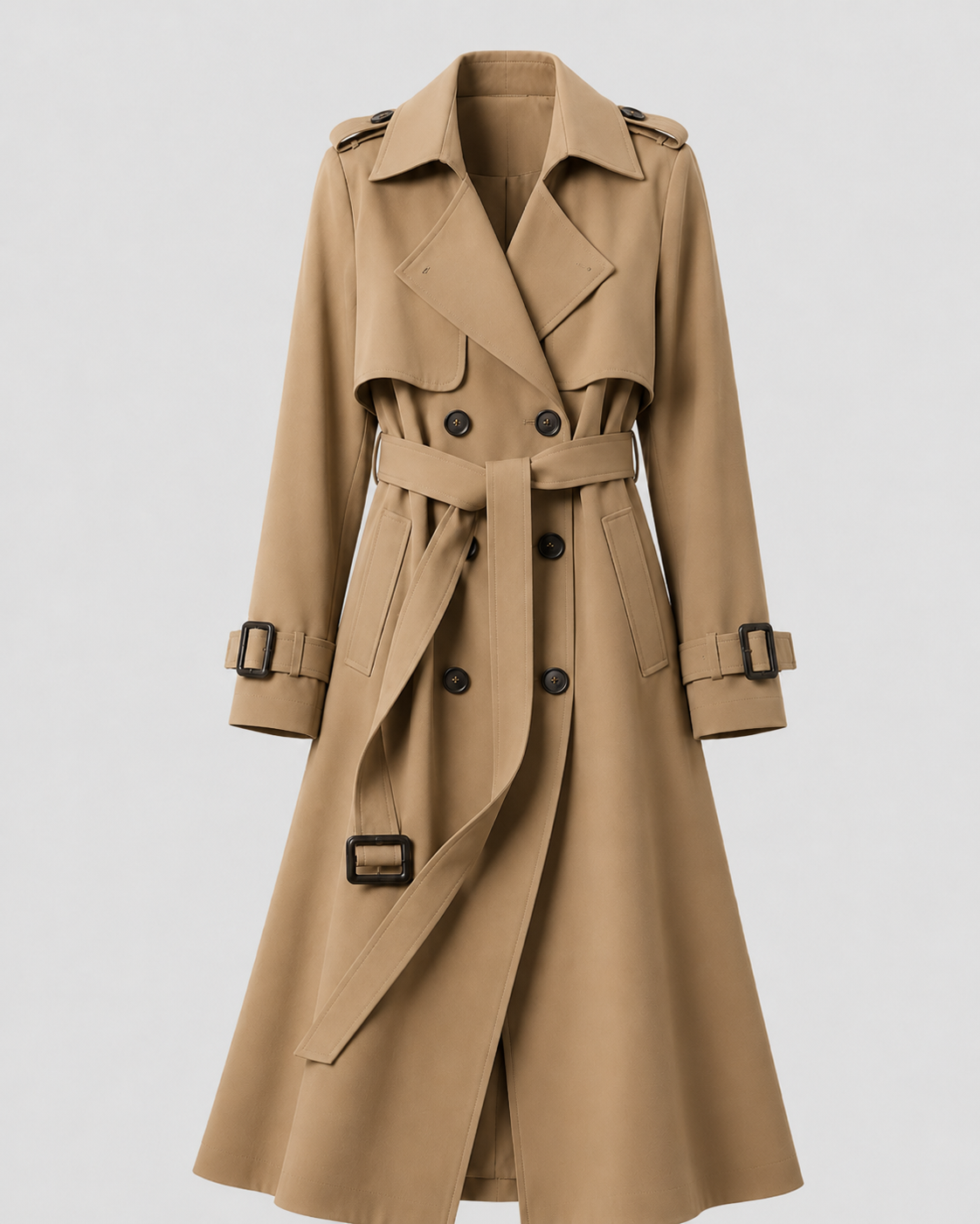 Women’s Long Belted Trench Coat – Double Breasted Style