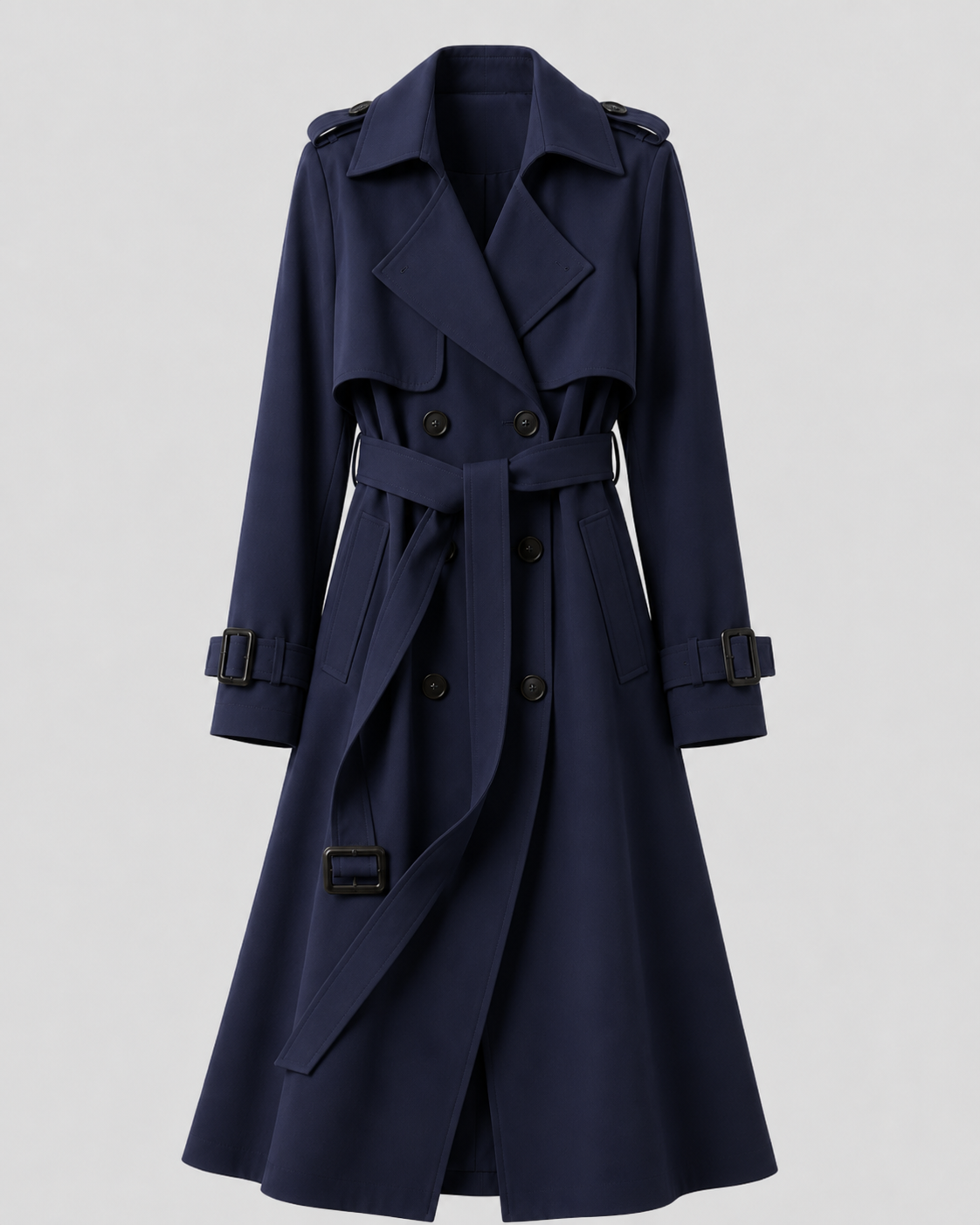 Women’s Long Belted Trench Coat – Double Breasted Style