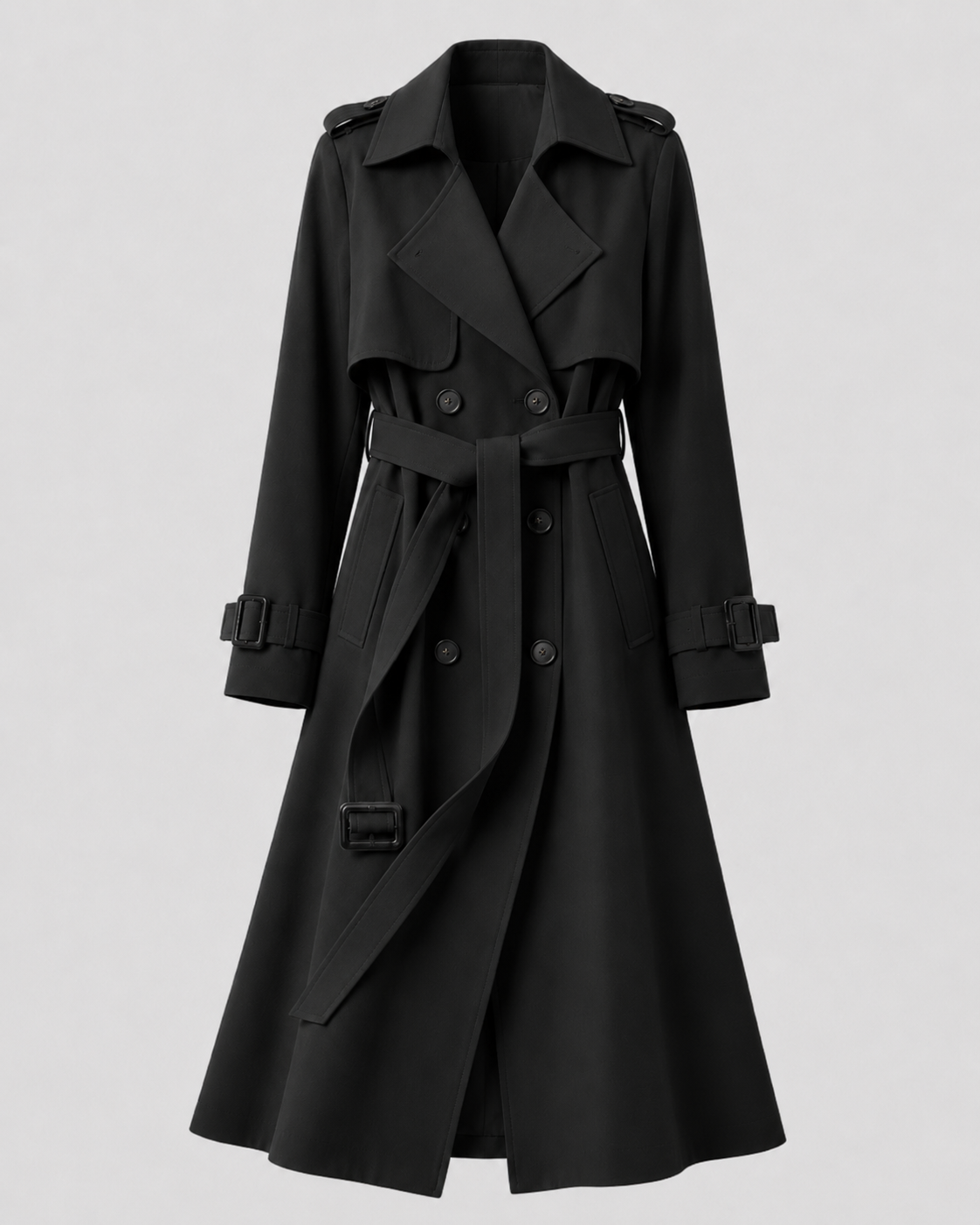 Women’s Long Belted Trench Coat – Double Breasted Style