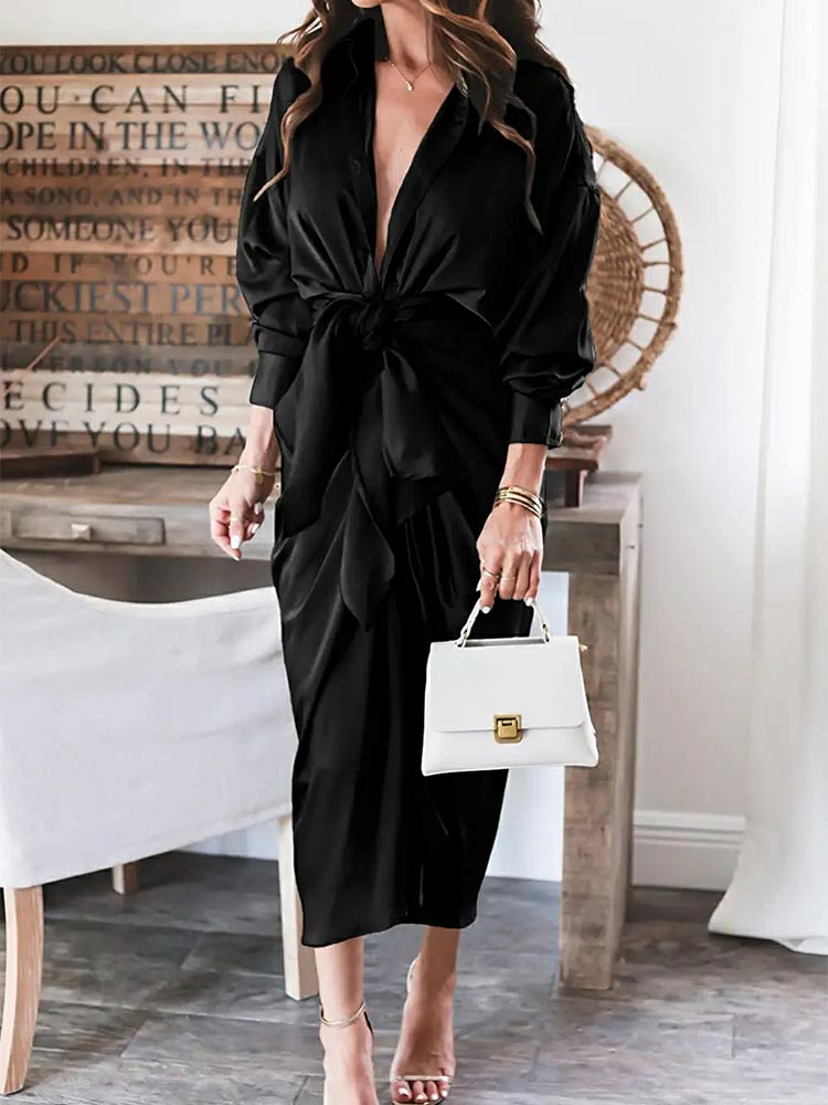 Long Sleeve Lapel V Neck Button Down Satin Dresses Maxi Dress - View 3
