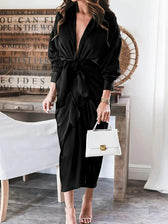Long Sleeve Lapel V Neck Button Down Satin Dresses Maxi Dress - View 3
