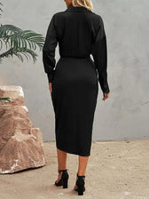 Long Sleeve Lapel V Neck Button Down Satin Dresses Maxi Dress - View 4