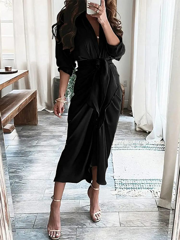 Long Sleeve Lapel V Neck Button Down Satin Dresses Maxi Dress
