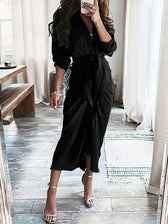 Long Sleeve Lapel V Neck Button Down Satin Dresses Maxi Dress