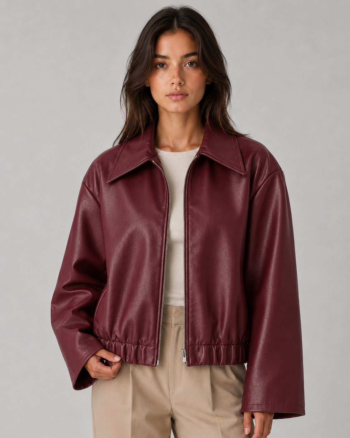 Faux Leather Zip Front Collared Cropped Jacket