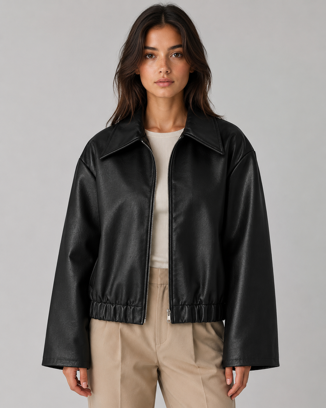 Faux Leather Zip Front Collared Cropped Jacket