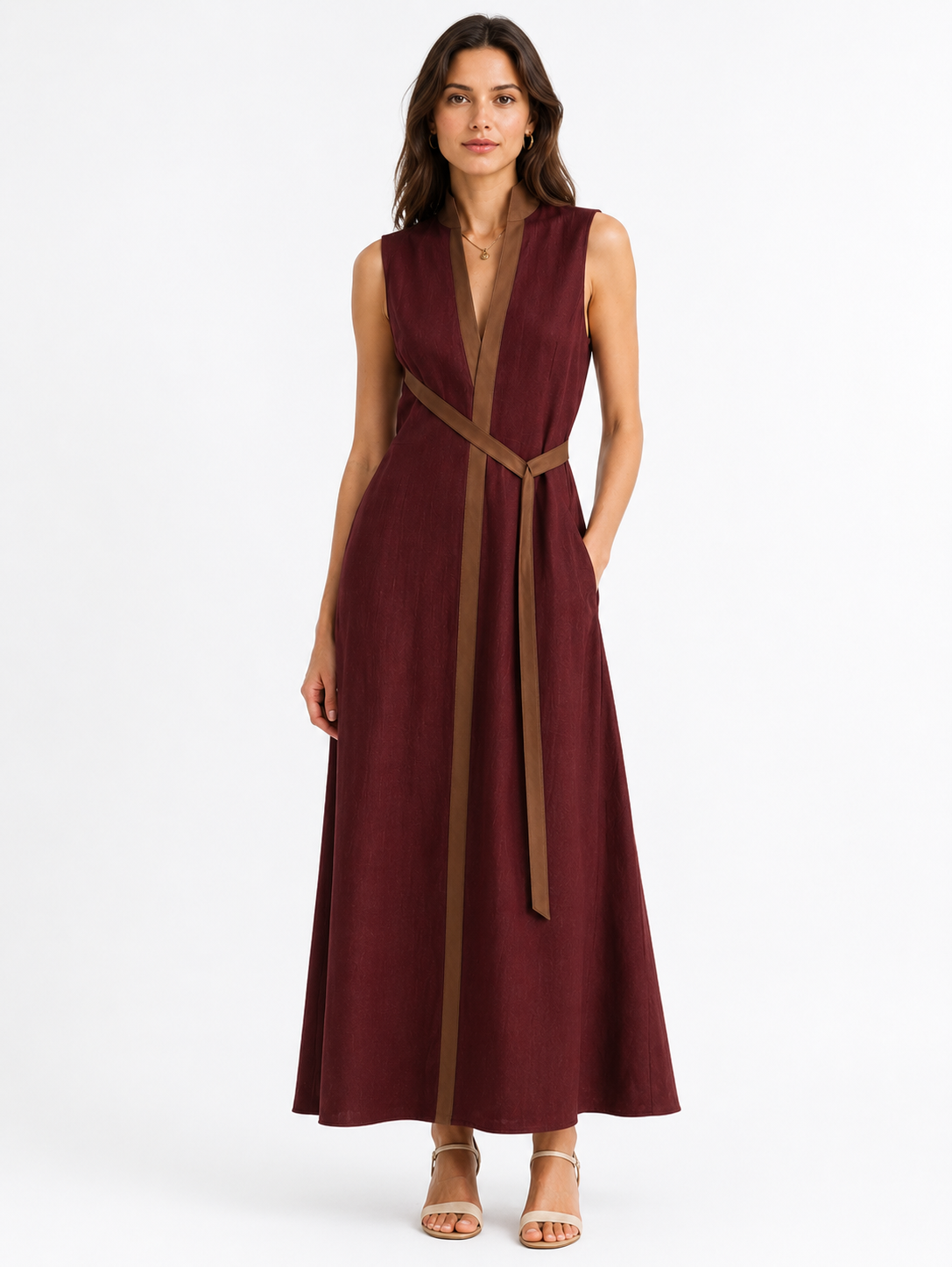 Women's Sleeveless Midi Dress with Stand Collar