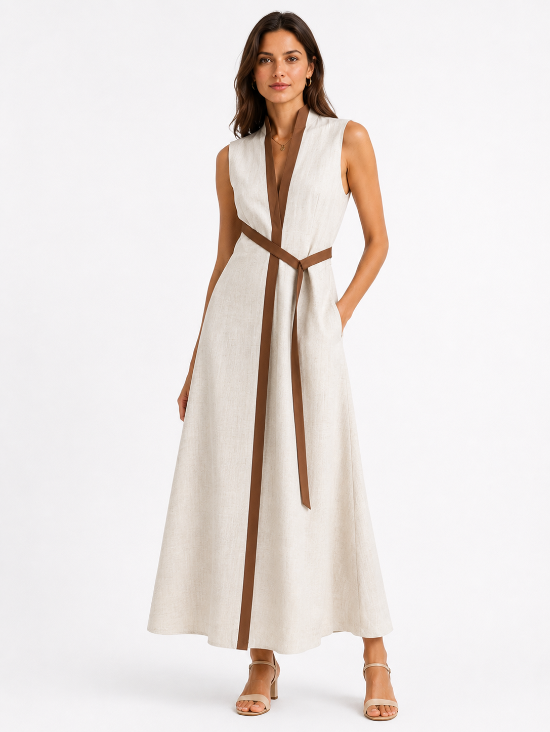 Women's Sleeveless Midi Dress with Stand Collar