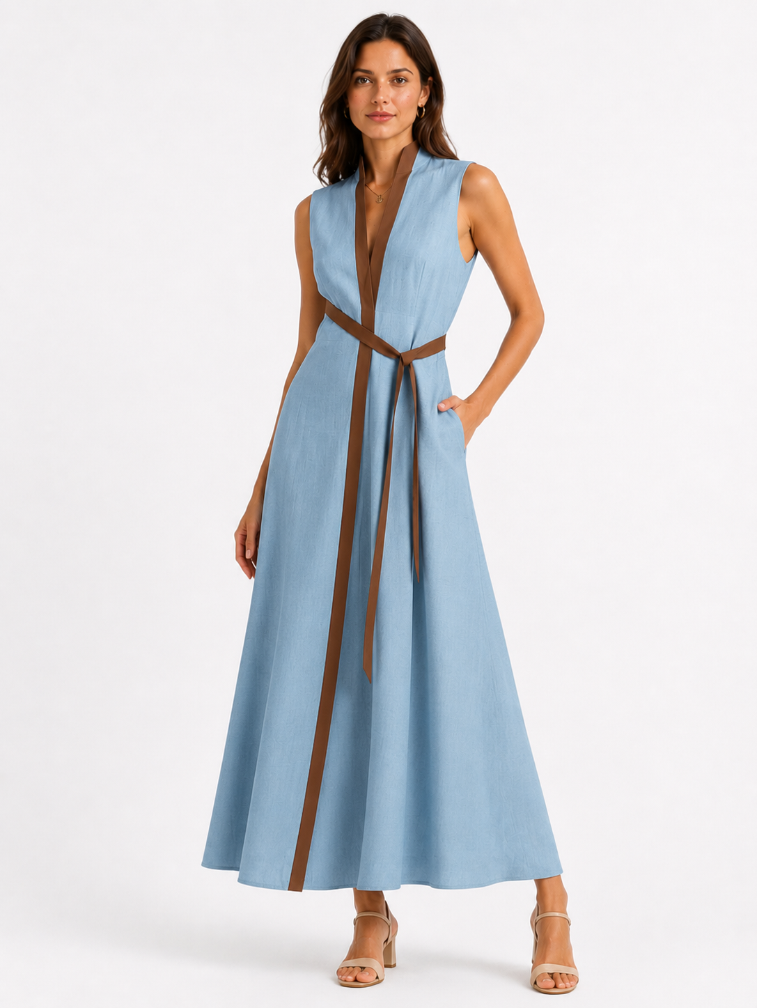 Women's Sleeveless Midi Dress with Stand Collar