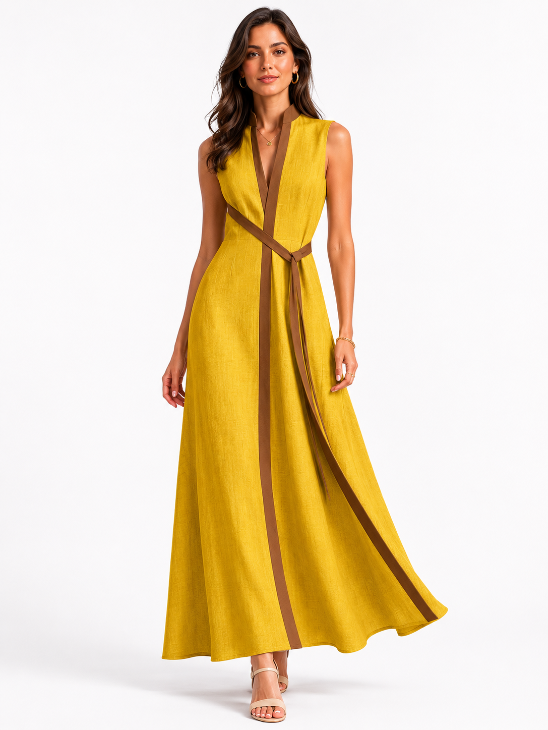 Women's Sleeveless Midi Dress with Stand Collar