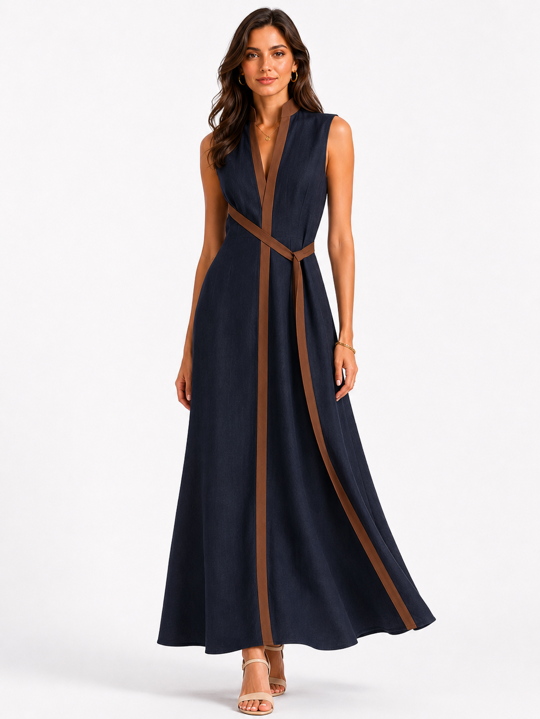 Women's Sleeveless Midi Dress with Stand Collar