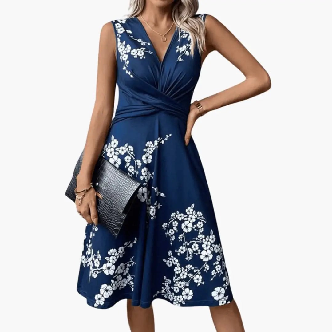 Floral V-Neck Sleeveless Twist Front A-Line Midi Dress