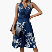 Floral V-Neck Sleeveless Twist Front A-Line Midi Dress