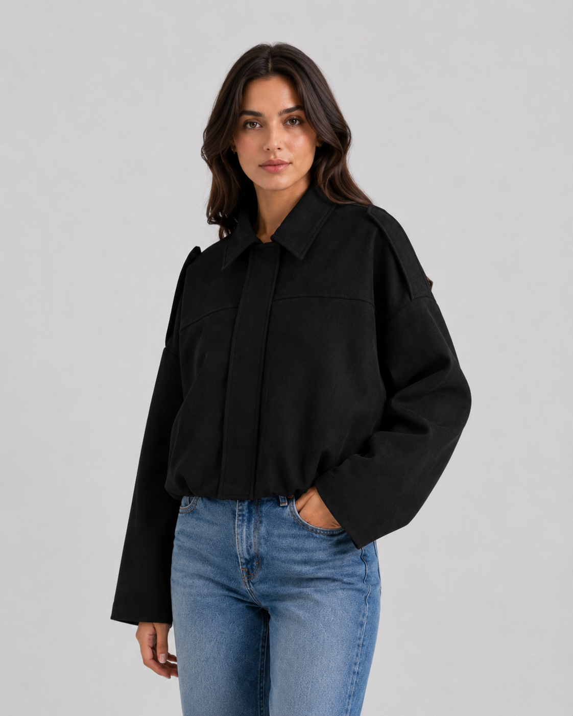 Collared Drop Shoulder Suede Look Cropped Jacket