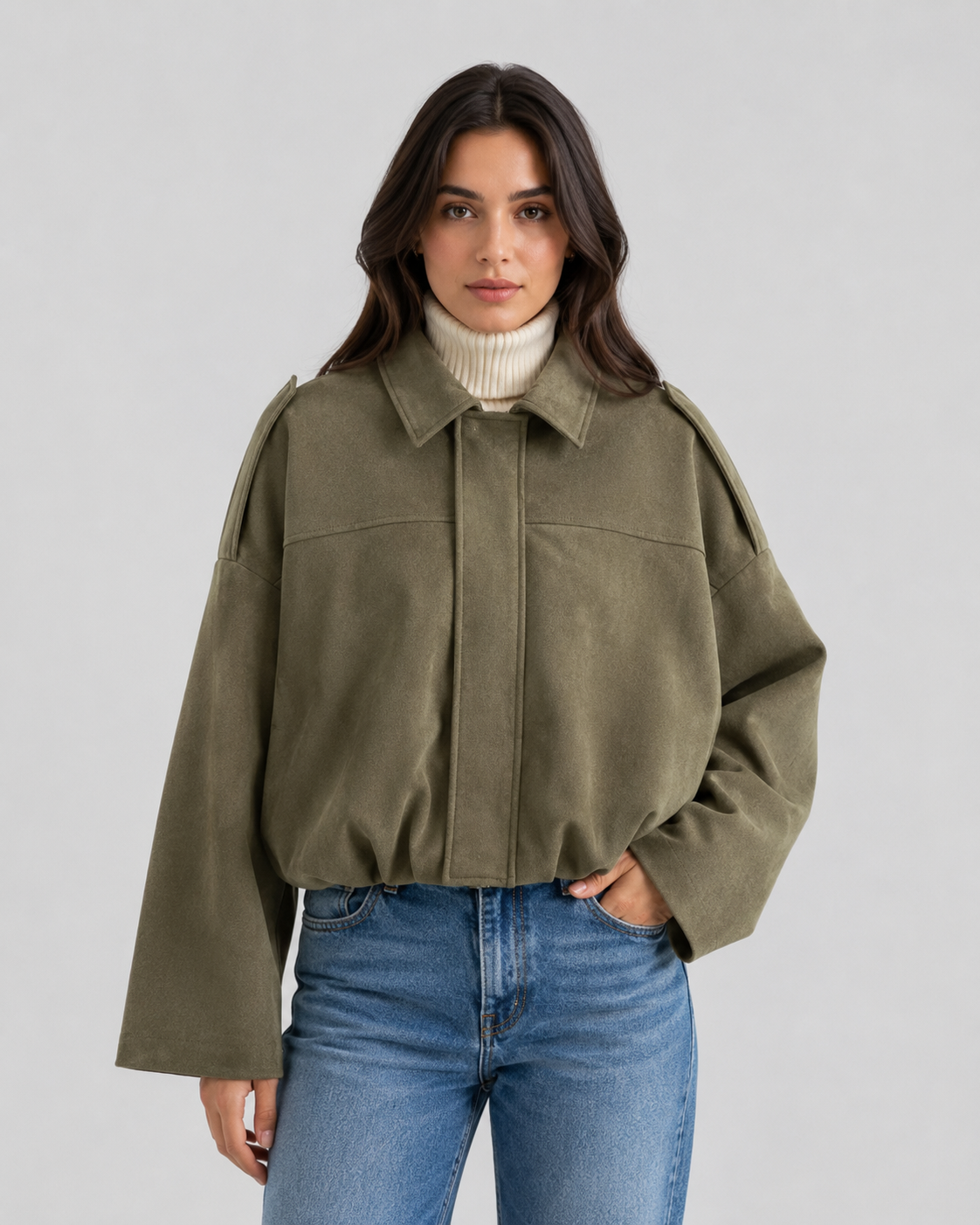 Collared Drop Shoulder Suede Look Cropped Jacket