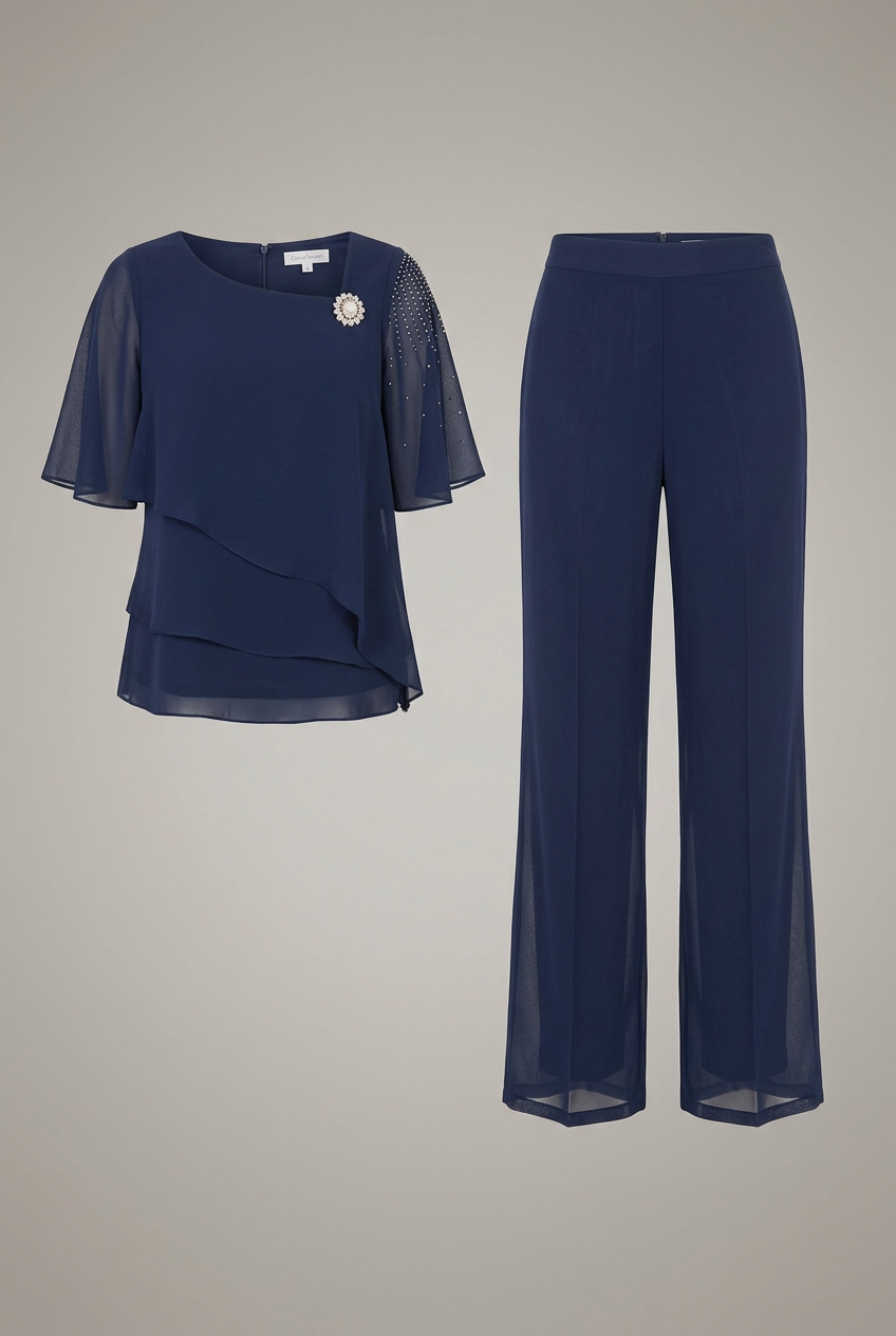 Flutter Sleeve Layered Chiffon Top and Wide Leg Pants Two Piece Set