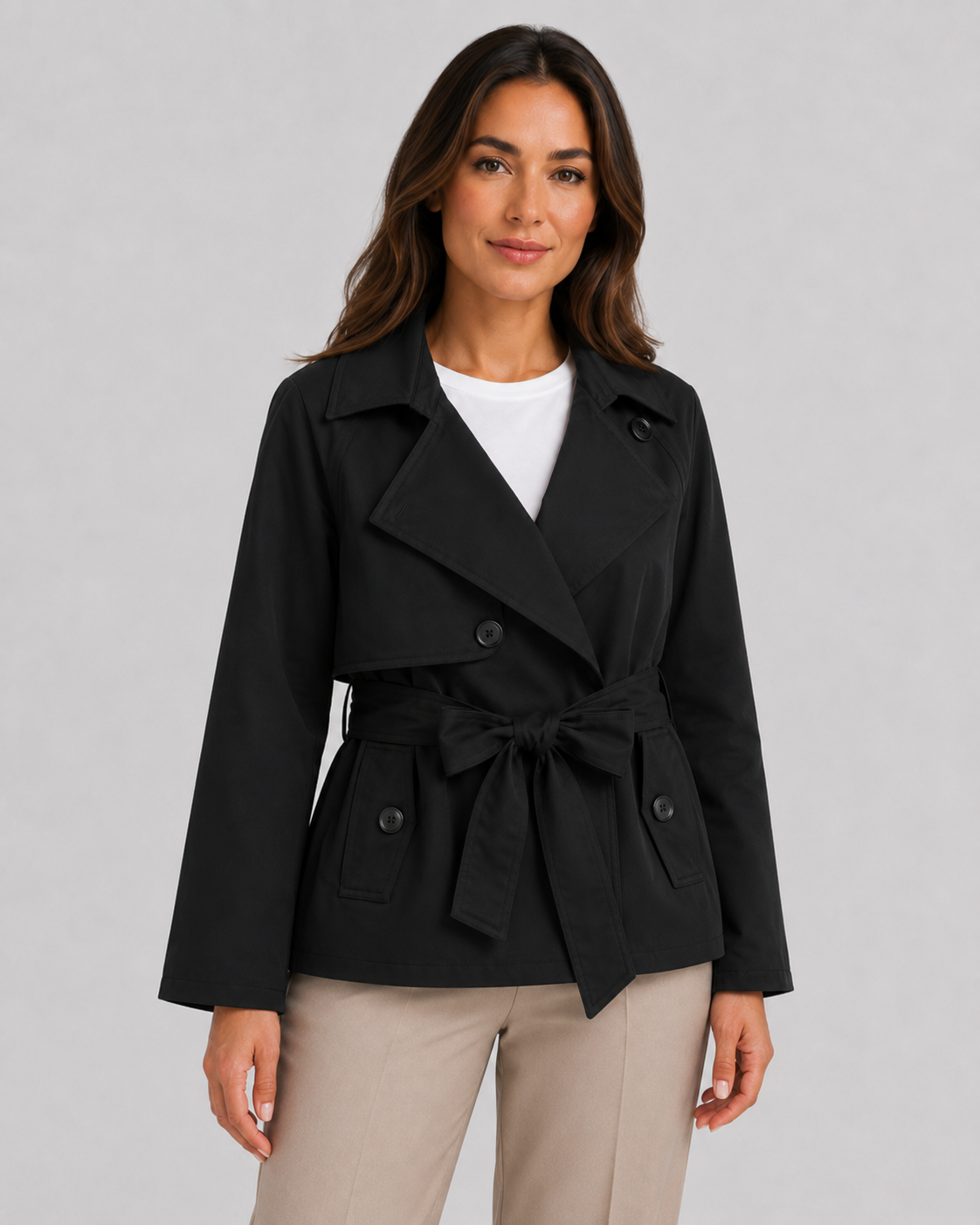Women’s Cropped Double-Breasted Trench Coat with Tie Waist
