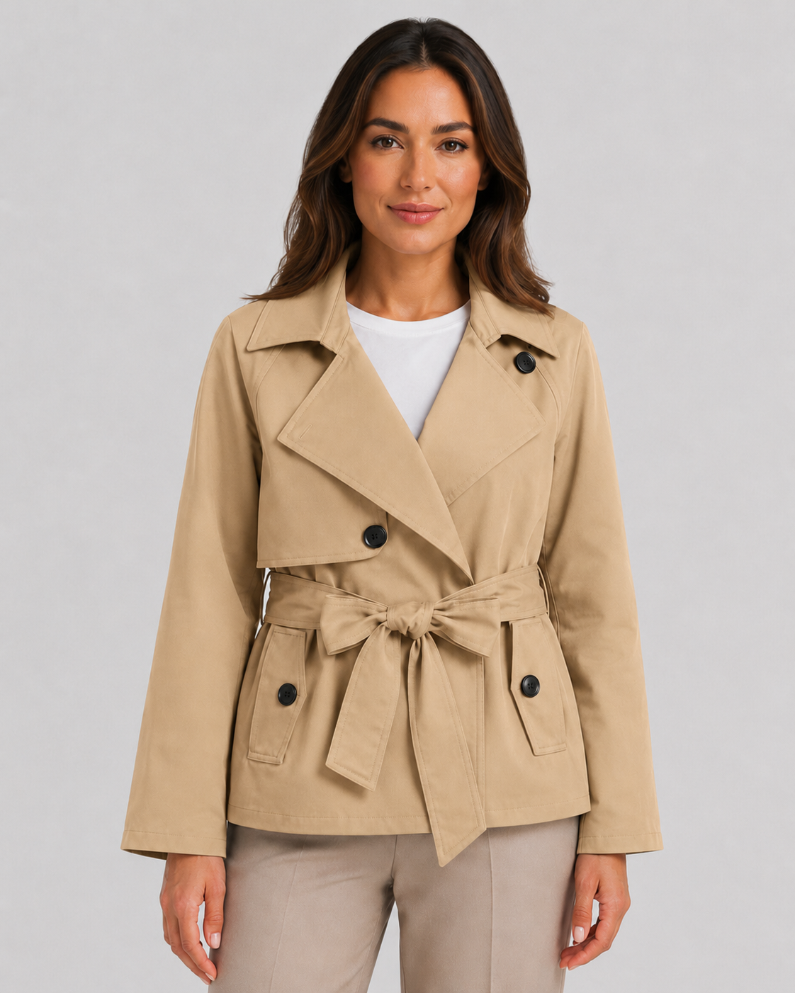 Women’s Cropped Double-Breasted Trench Coat with Tie Waist