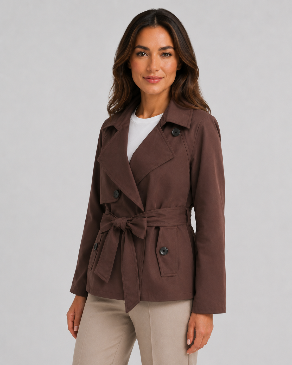 Women’s Cropped Double-Breasted Trench Coat with Tie Waist
