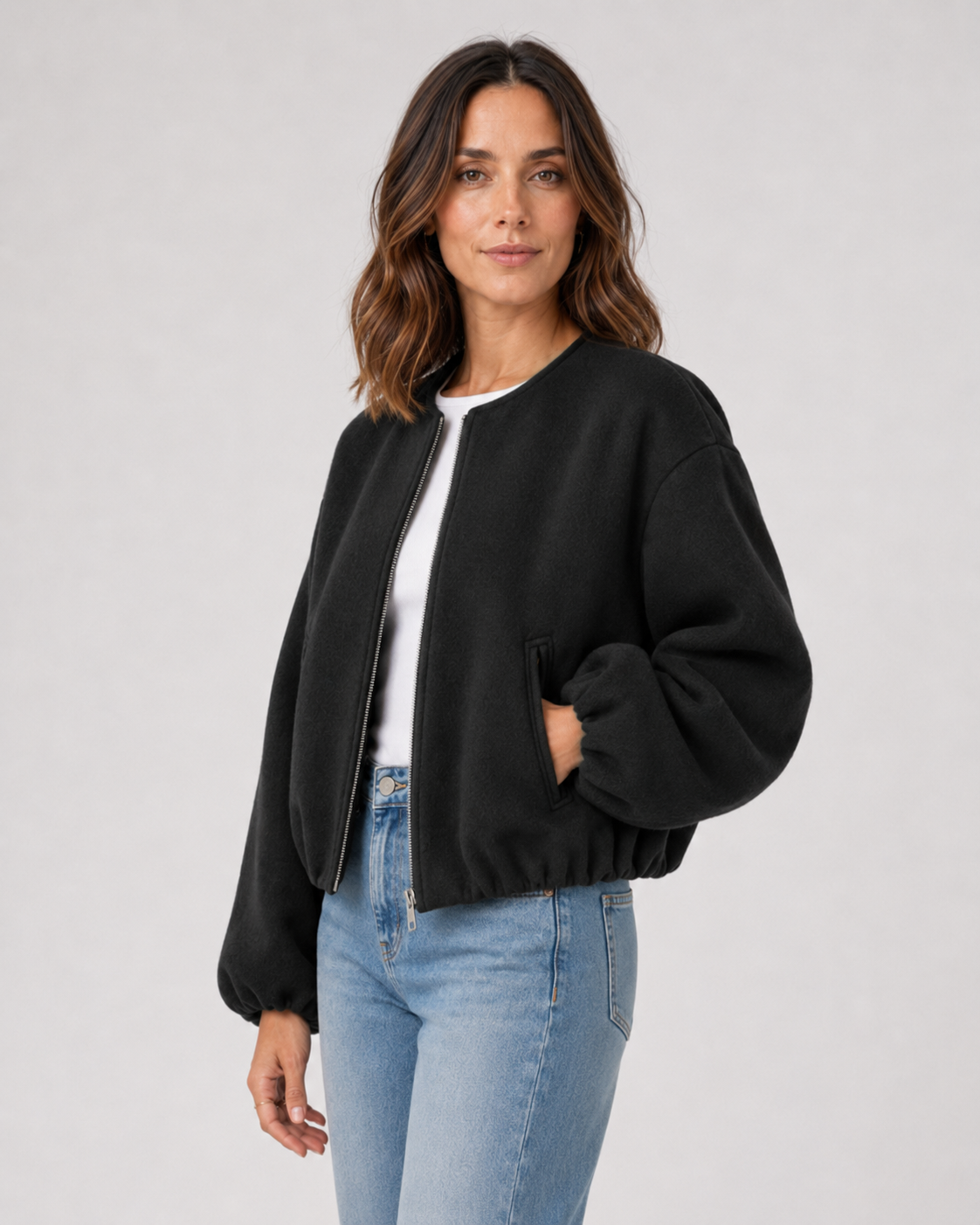 Women's Wool Blend Cropped Bomber Jacket