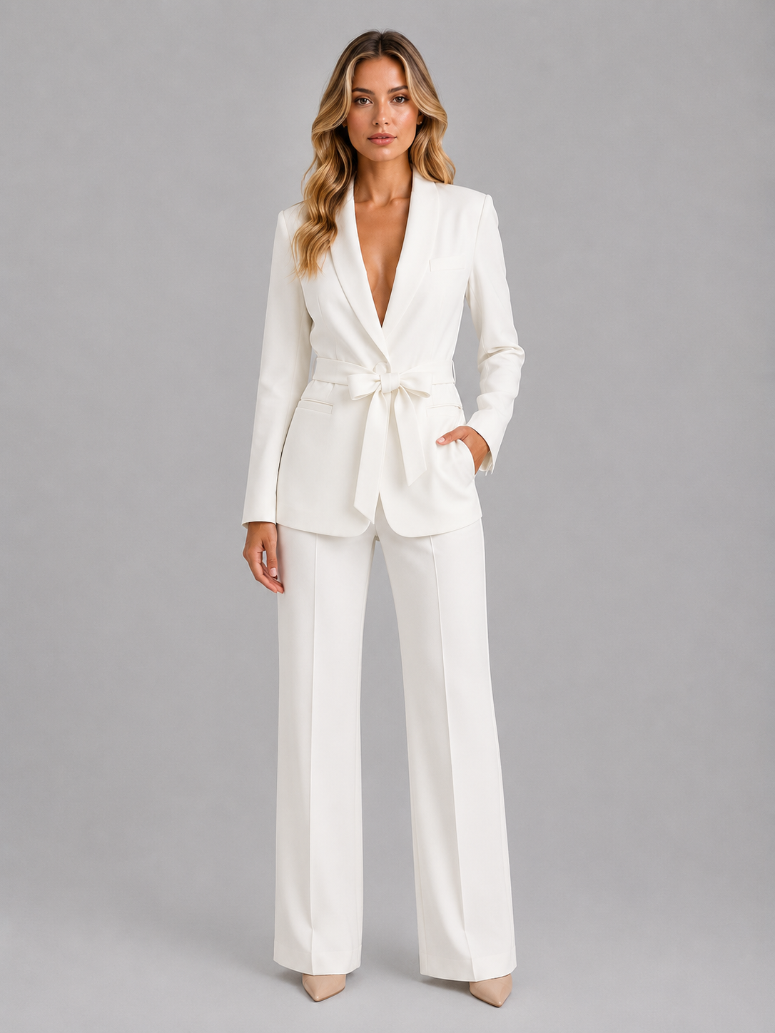 Women's Belted Blazer & Wide Leg Pant Suit Set – Business Casual Workwear