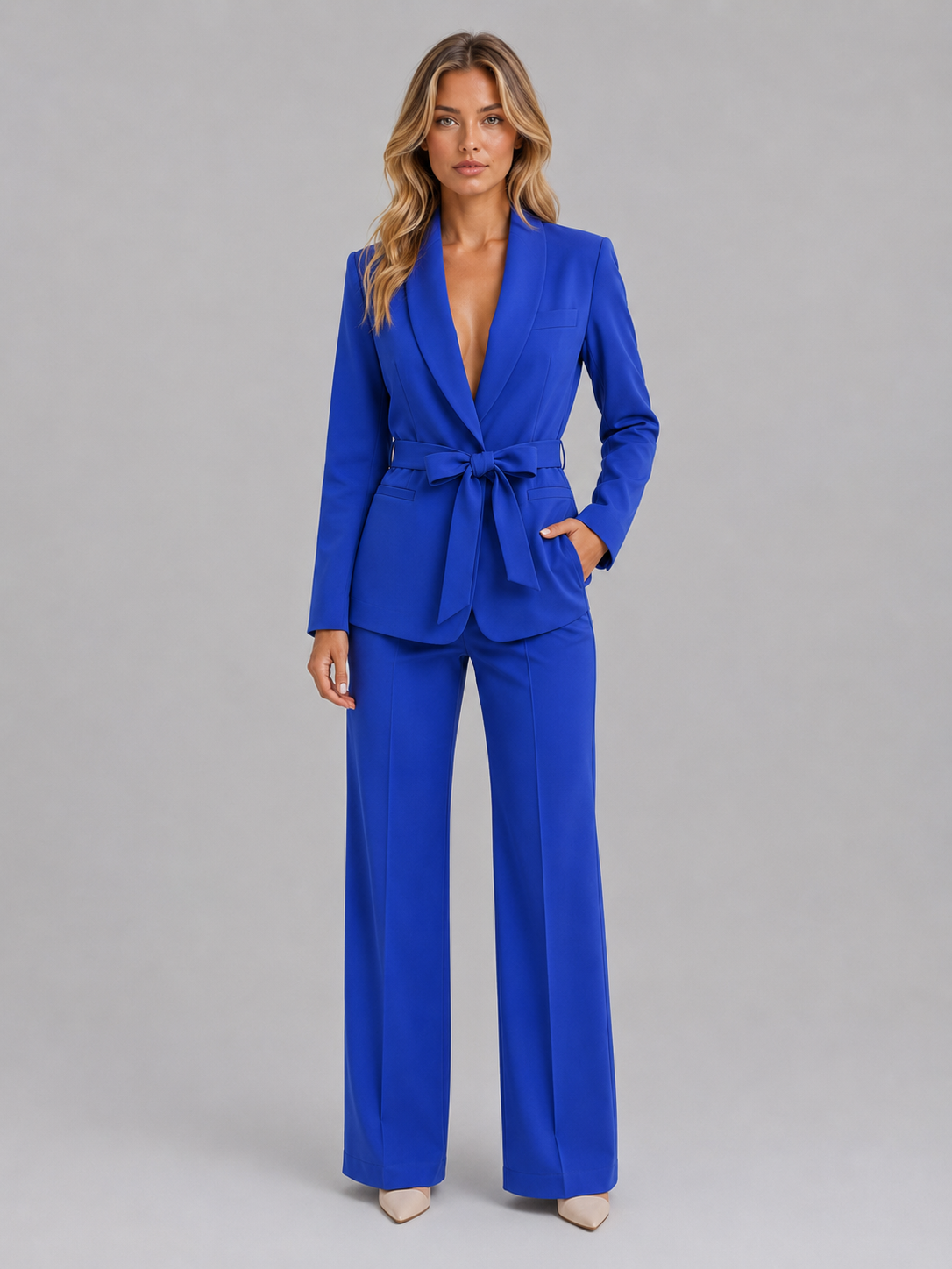 Women's Belted Blazer & Wide Leg Pant Suit Set – Business Casual Workwear