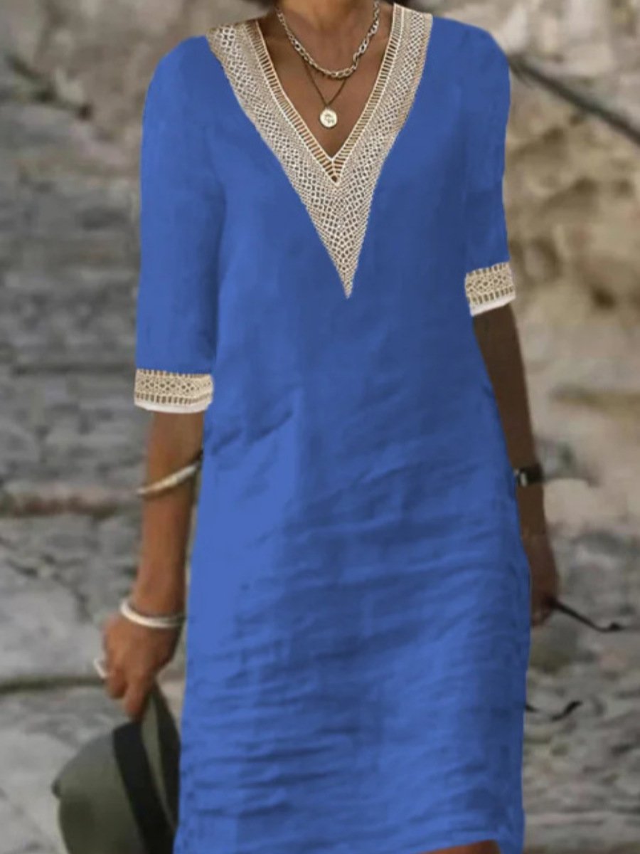 Crochet Trim V-Neck Half Sleeve Shift Midi Dress