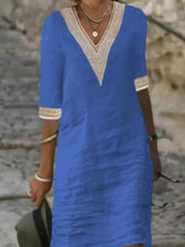 Crochet Trim V-Neck Half Sleeve Shift Midi Dress