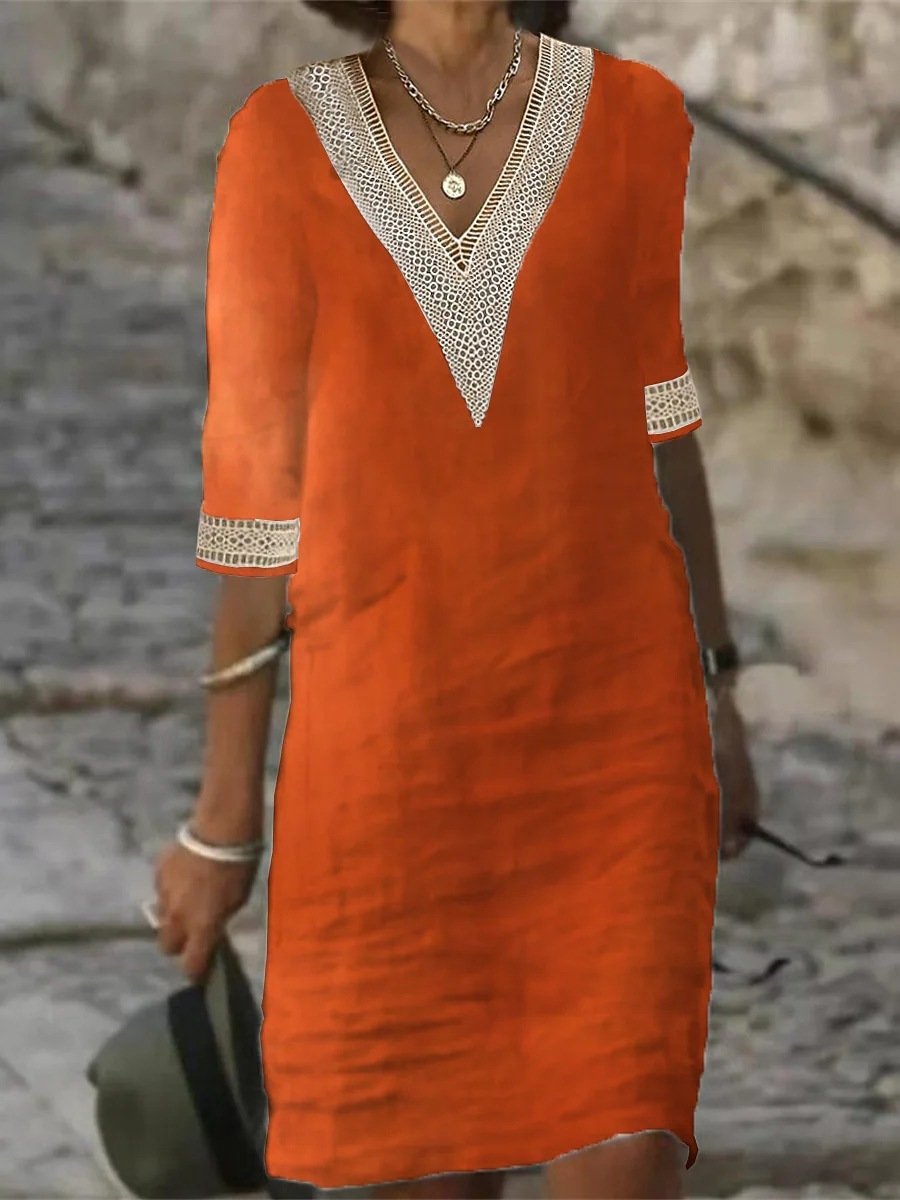 Crochet Trim V-Neck Half Sleeve Shift Midi Dress 2