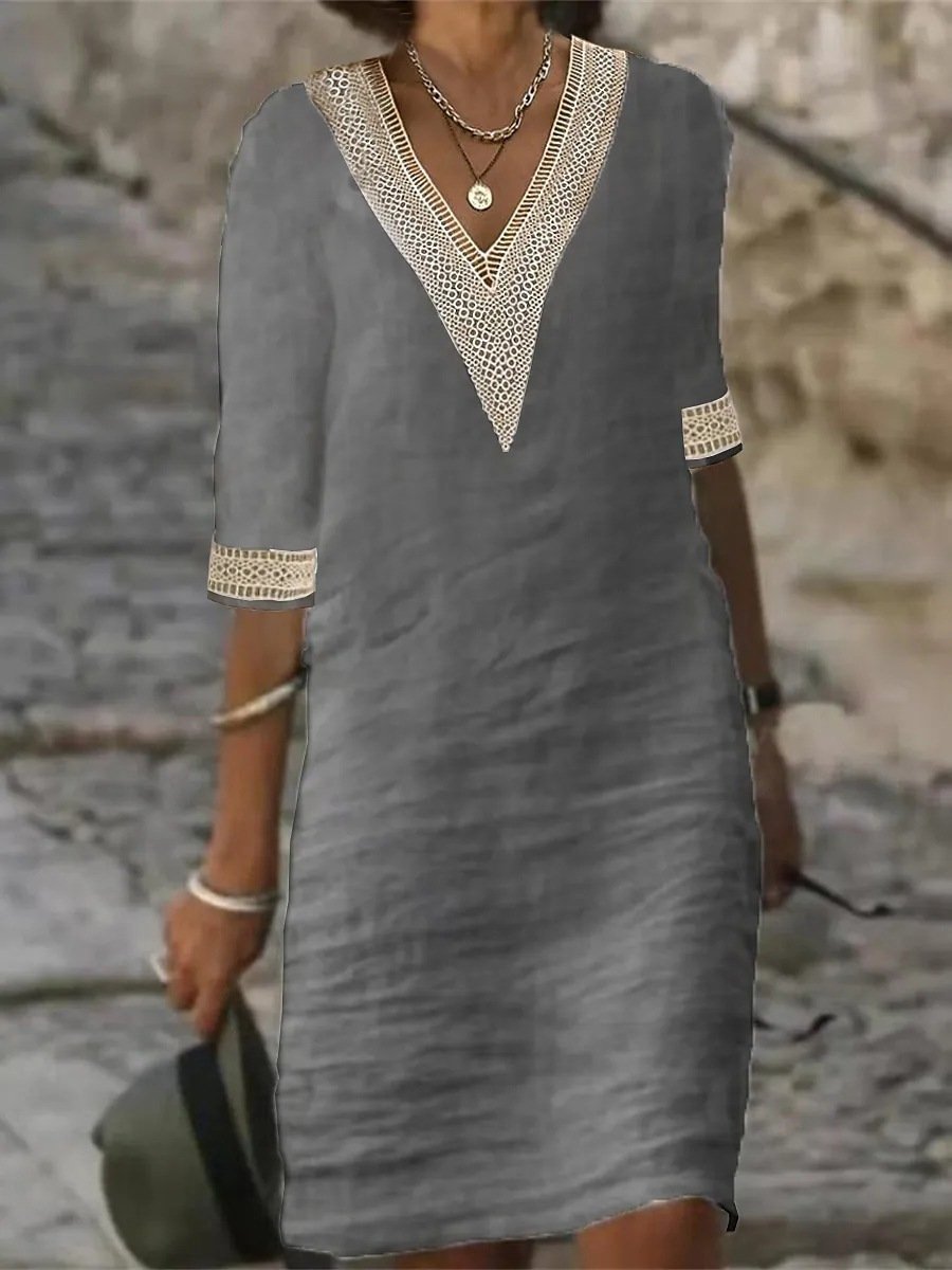 Crochet Trim V-Neck Half Sleeve Shift Midi Dress 3