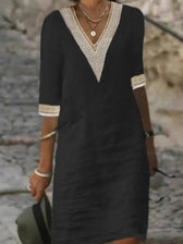 Crochet Trim V-Neck Half Sleeve Shift Midi Dress 4