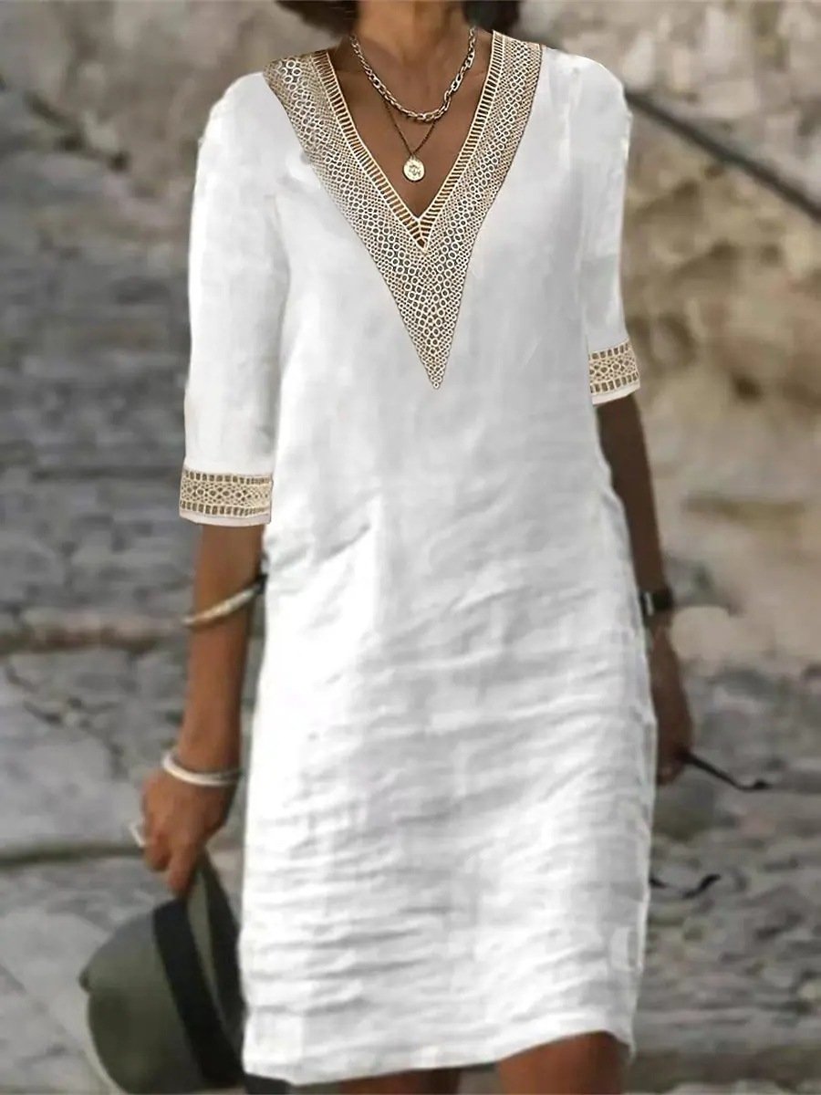 Crochet Trim V-Neck Half Sleeve Shift Midi Dress 5