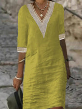 Crochet Trim V-Neck Half Sleeve Shift Midi Dress 6