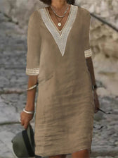 Crochet Trim V-Neck Half Sleeve Shift Midi Dress 7