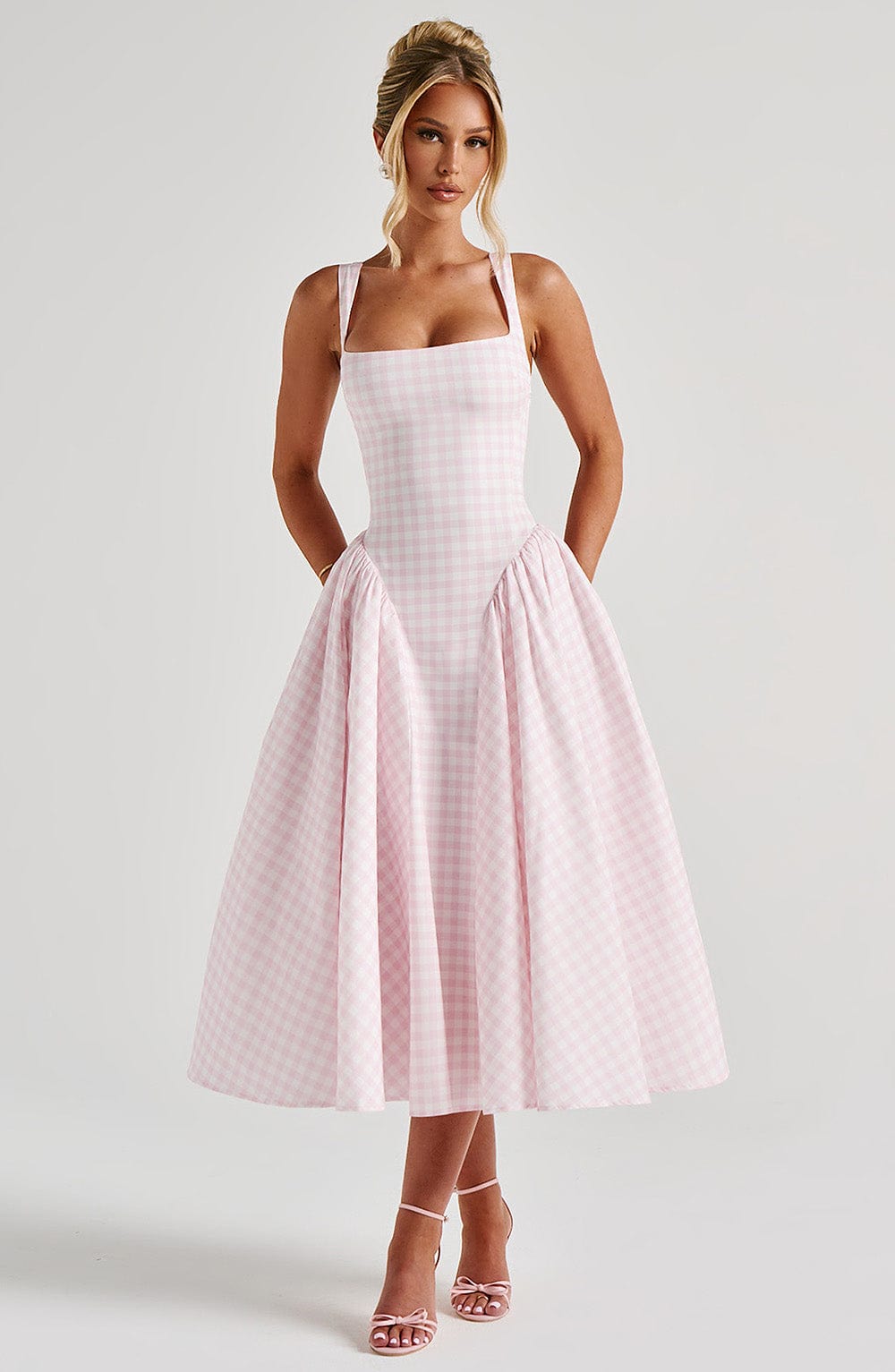 Gingham Square Neck Fit and Flare Midi Dress