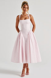 Gingham Square Neck Fit and Flare Midi Dress