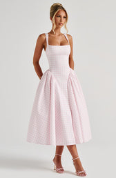 Gingham Square Neck Fit and Flare Midi Dress 2