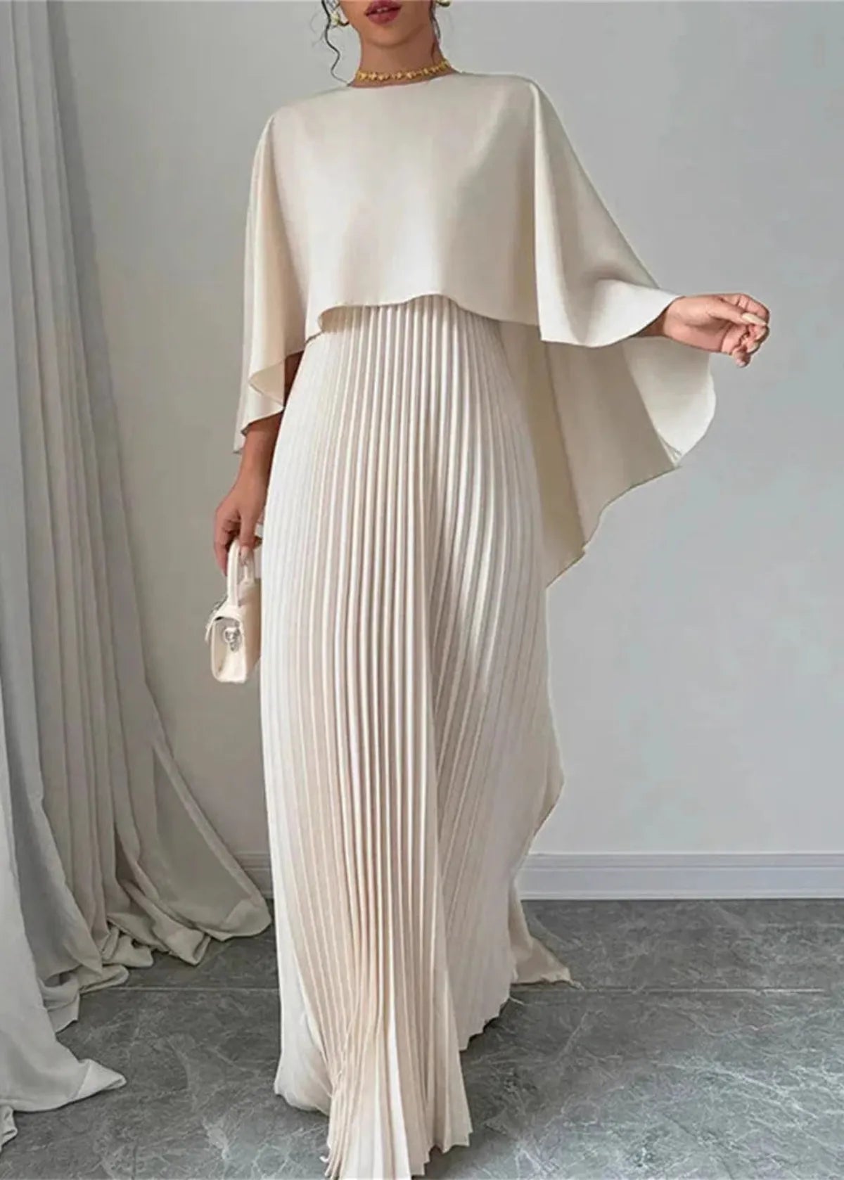 High Neck Cape Overlay Pleated Maxi Dress