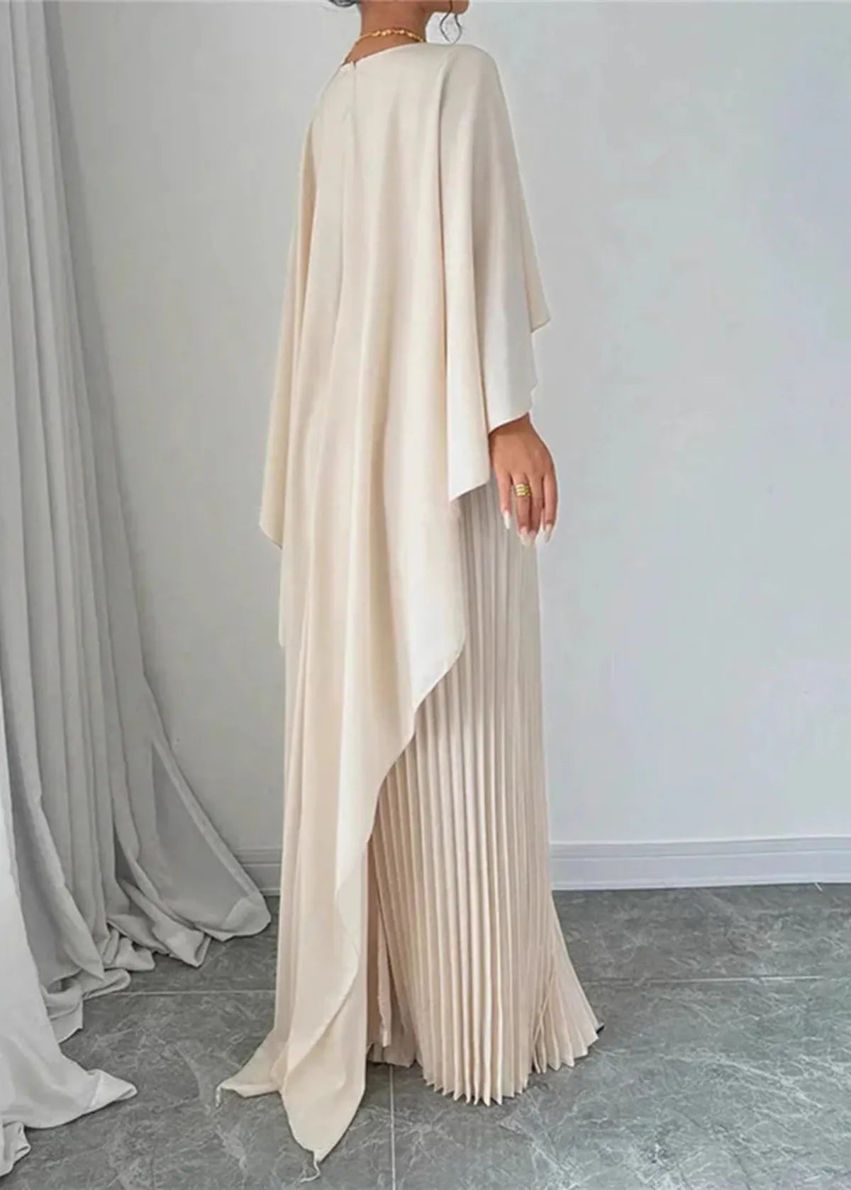 High Neck Cape Overlay Pleated Maxi Dress 2