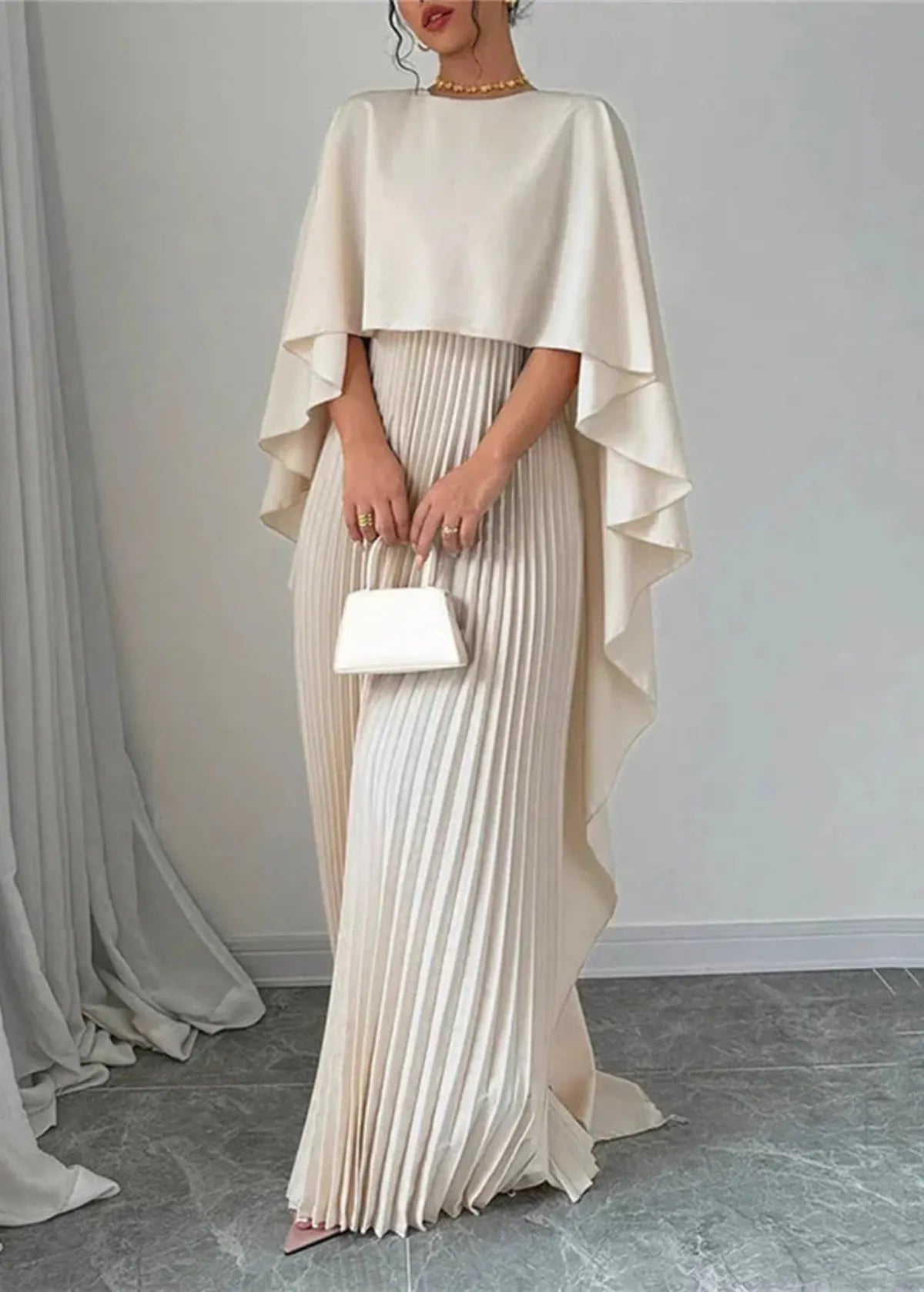 High Neck Cape Overlay Pleated Maxi Dress 3