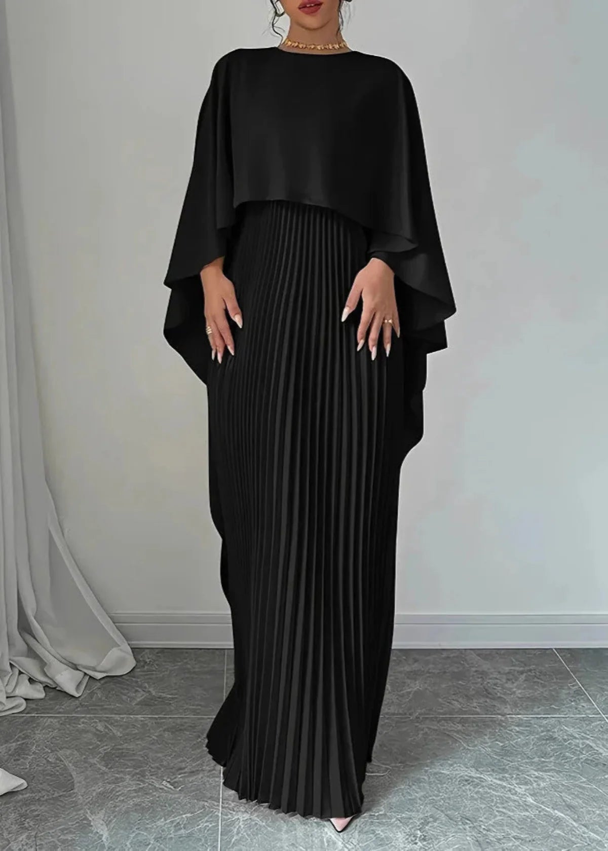 High Neck Cape Overlay Pleated Maxi Dress 5