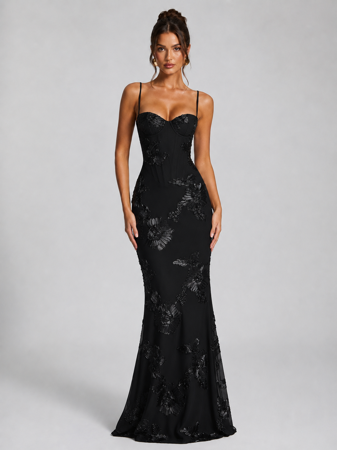 Women's Floral Embroidered Corset Maxi Dress Formal Evening Gown