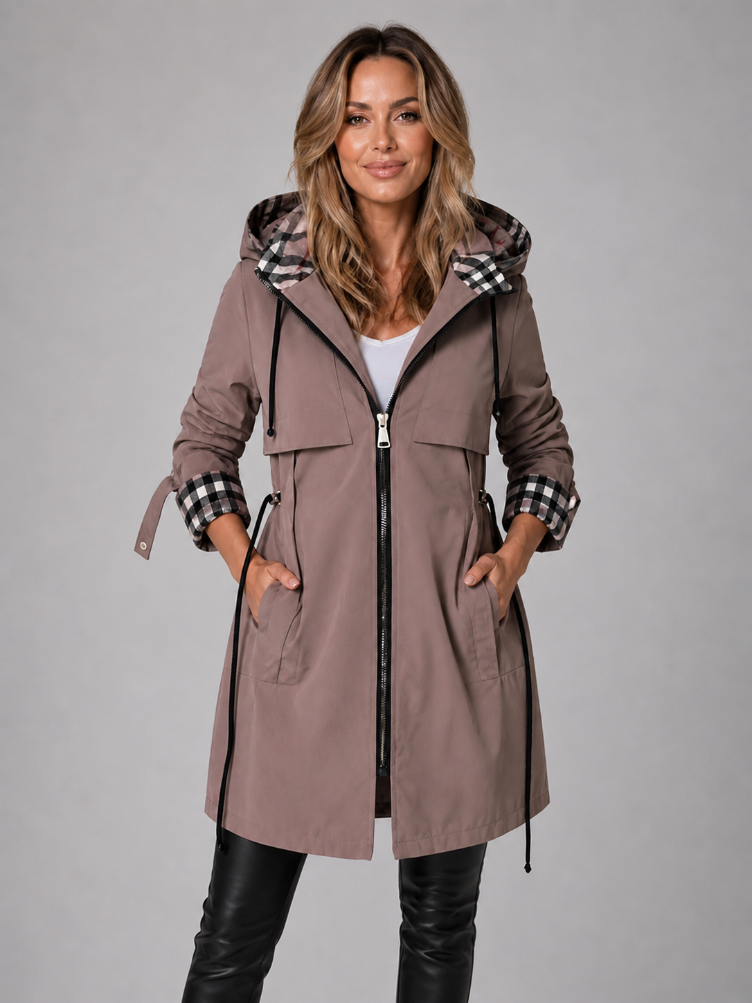 Women’s Hooded Long Parka Coat – Drawstring Waist Jacket