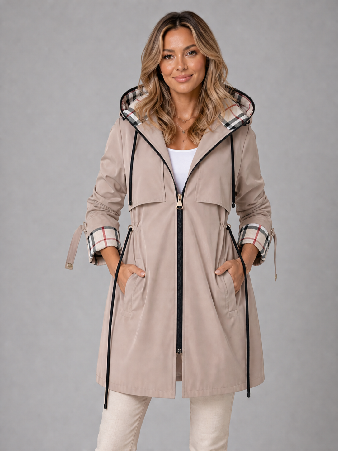 Women’s Hooded Long Parka Coat – Drawstring Waist Jacket